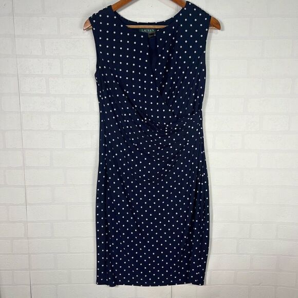 Lauren Ralph Lauren Womens Midi Dress size 10 Nav Blue Polka Dot Stretchy Materi - Picture 1 of 11